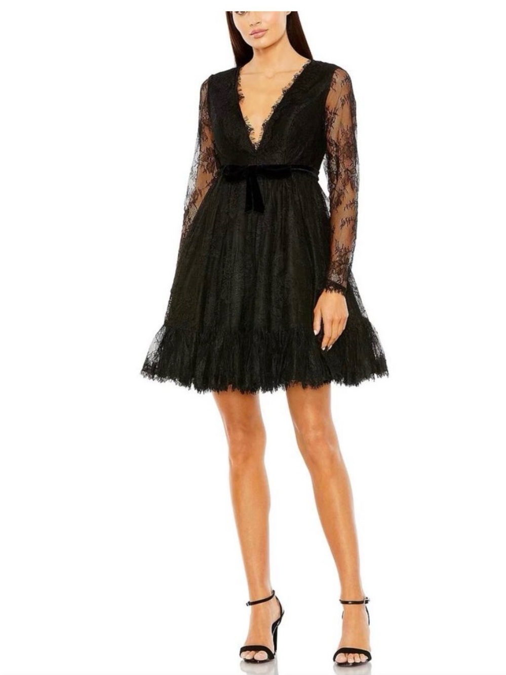Mac Duggal Black Lace V-Neck Long Sleeve Cocktail
